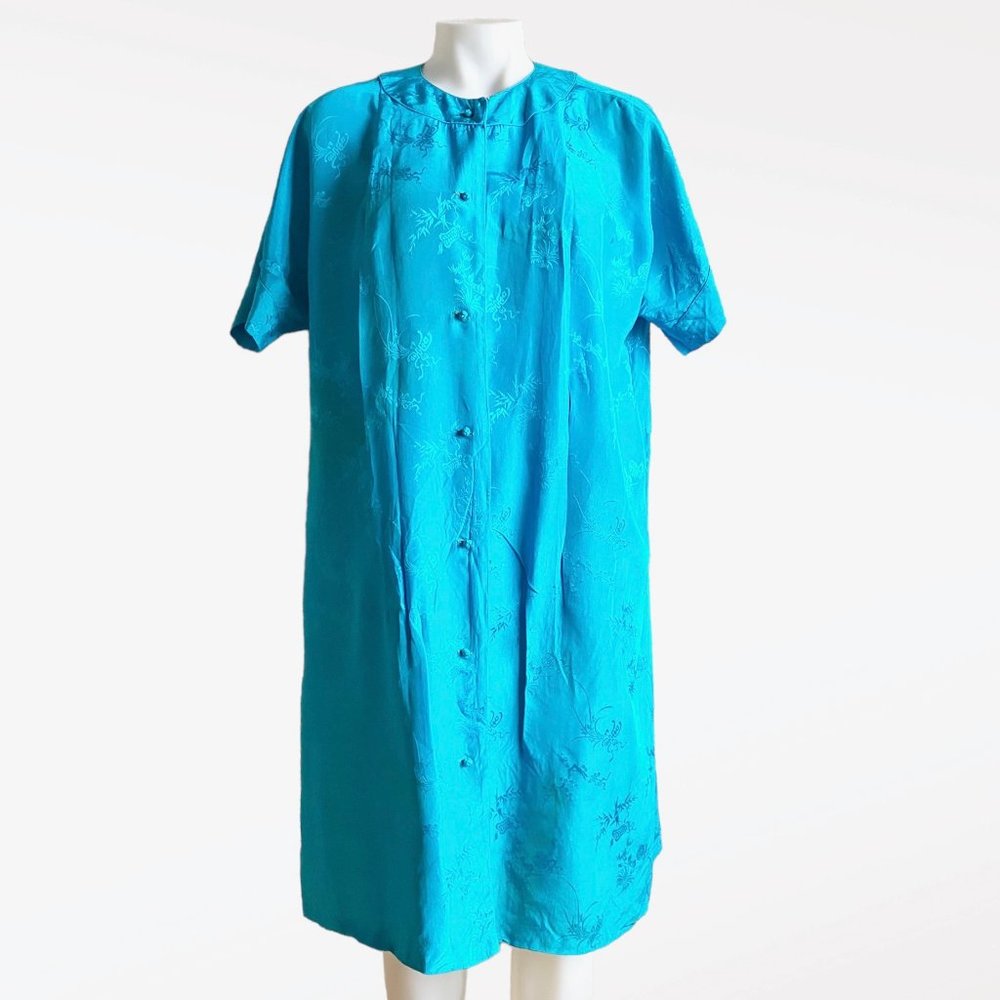 1950s 1960s Asian Aqua Silk Loose Fitting Robe Housecoat As Is